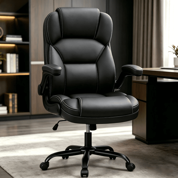 COOLHUT Bige and Tall Executive Office Chair 400lbs, Ergonomic PU Leather Computer Desk Chair with Flip-Up Armrests, Comfy Heavy Duty Office Chair for Home Office Gaming, Black