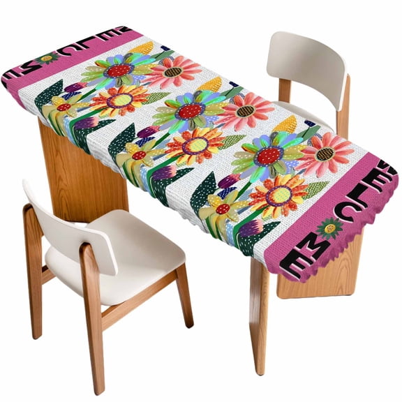 Spring Daisy Table Cloths for 8 Foot Rectangle Tables, Pink Modern Abstract Art Dots Floral Patio Waterproof Elastic Fitted Tablecloths, Washable Rectangular Table Cover for Camping