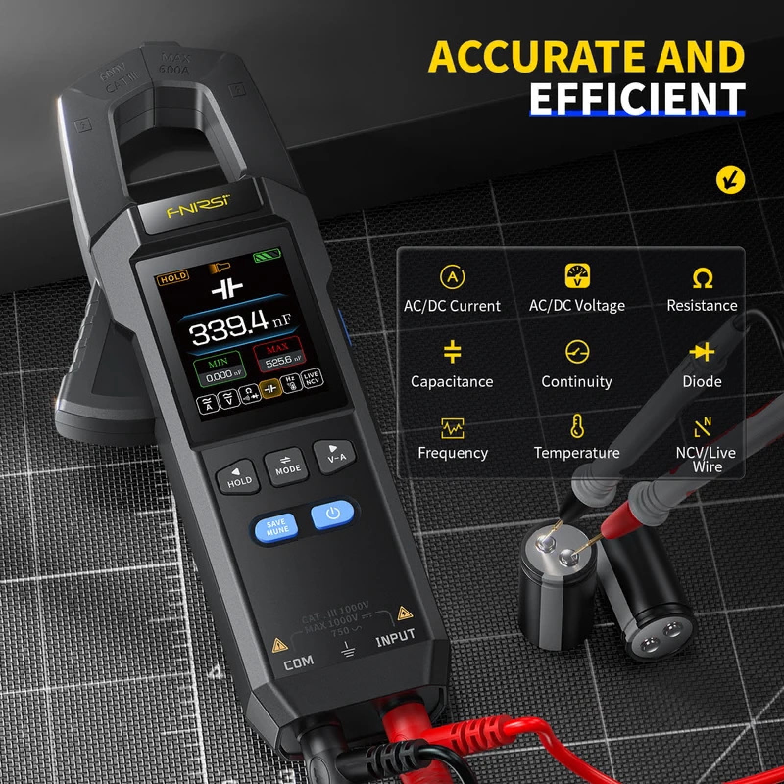 FNIRSI DMC-100 AC/DC Clamp Meter Digital Multimeter, 10000 Counts, True RMS, Power Calculation, NCV Detection, Waveform Display