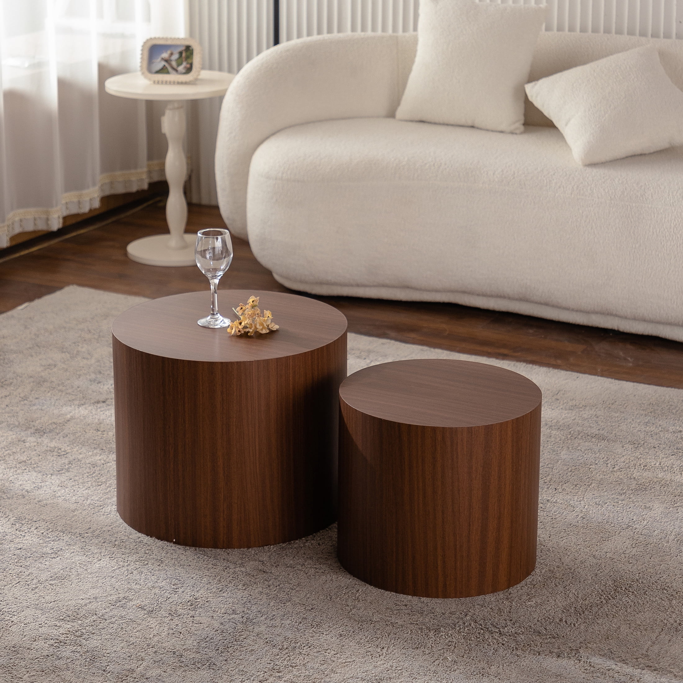 Noble House Nathan 2-Piece Round Nesting Coffee Table Set, Modern Wooden Industrial Side Tables, Walnut, Set of 2