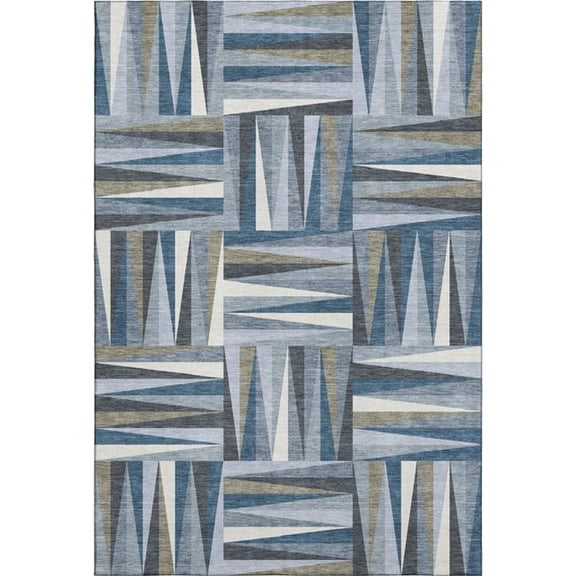 HomeRoots 679413 9 x 12 ft. Denim Blue, Ivory & Taupe Geometric Washable Machine Made Rectangle Area Rug with UV Protection