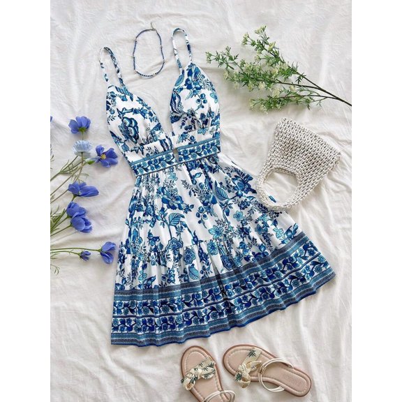Blue And White Floral Print V-Neck Spaghetti Strap Mini Dress With Cutout Waist And Tiered Skirt