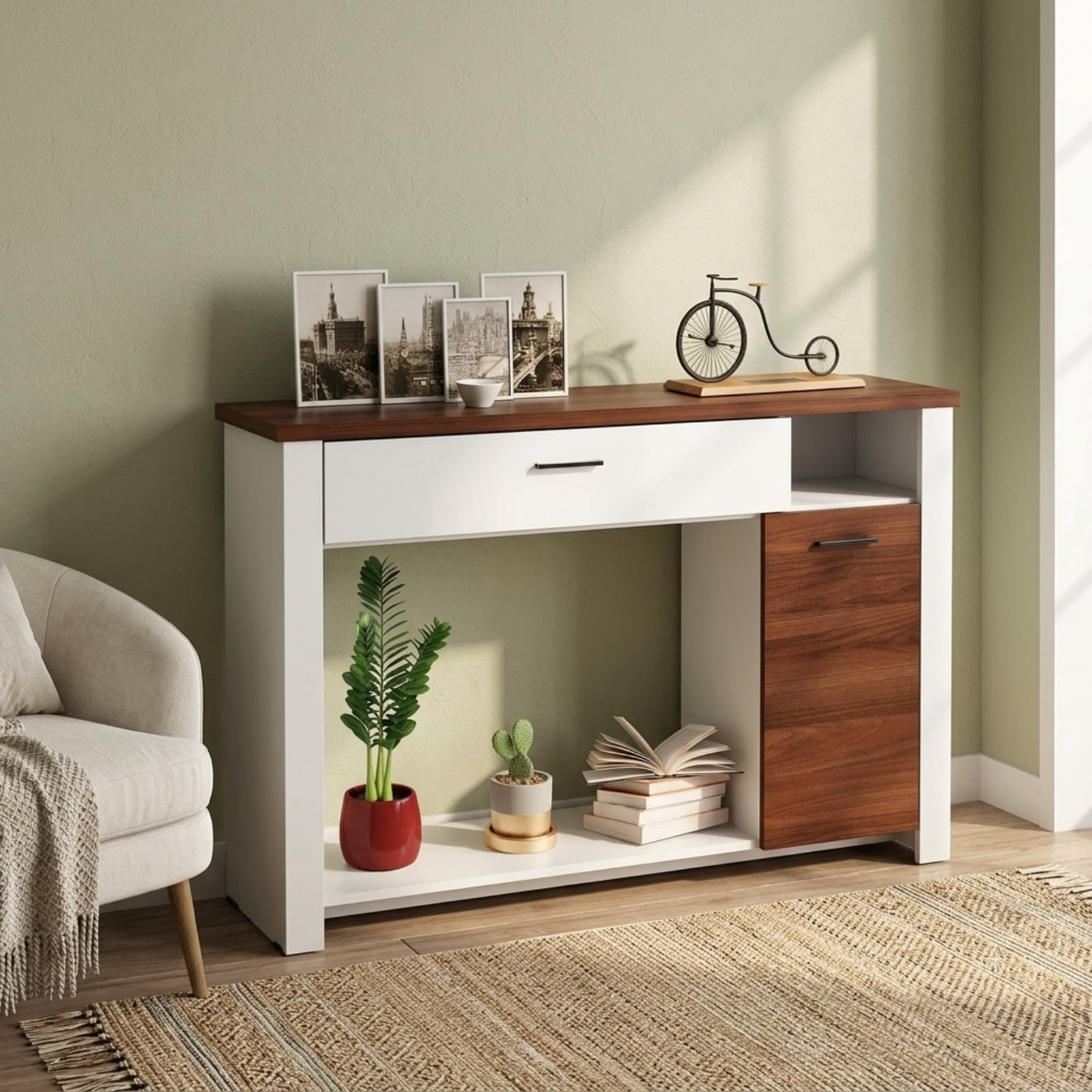 Furnibear 48 Inch Console Table with Drawer Cabinet and Storage Shelf Sofa Table for Entryway Living Room Hallway, White
