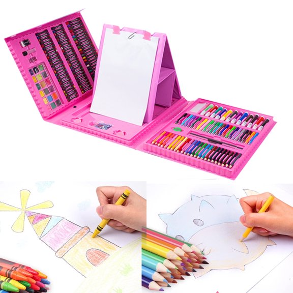 Drawing Art Kit,QZS Art Set Case with Trifold Easel,208-Piece Art Set Crafts Case,Crafts Drawing Coloring Kit with Oil Pastels,Colored Pencils(Pink)