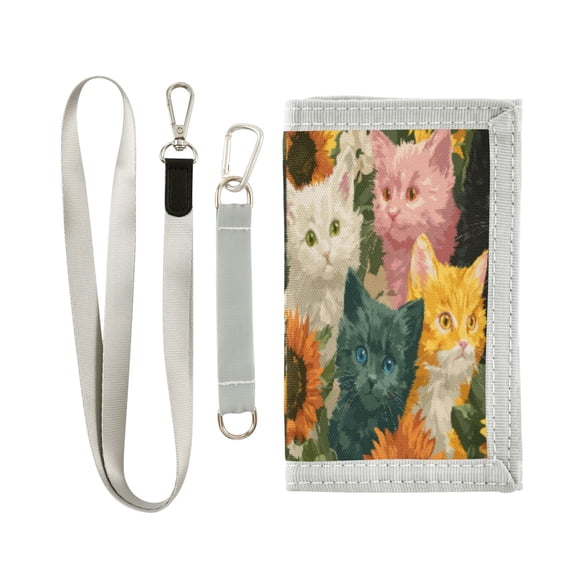 Cloth Wallet with Lanyard & Multiple Compartments Fashion Purse Zipper Clutch Bag for Cash Cards Coins Various Colors Cat