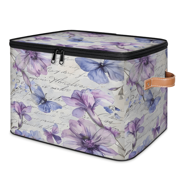 CURLYOOT Purple Flower Butterfly Fabric Storage Bins with Lids, Phrase Words Foldable Storage Boxes Washable Storage Cube, Closet Bedroom Home Organizer Containers with Handles