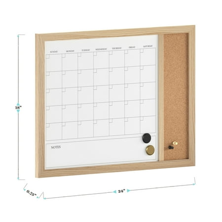 Martha Stewart - Everette Dry Erase Magnetic Monthly Calendar/Cork Board-24x18 - Light Natural Woodgrain