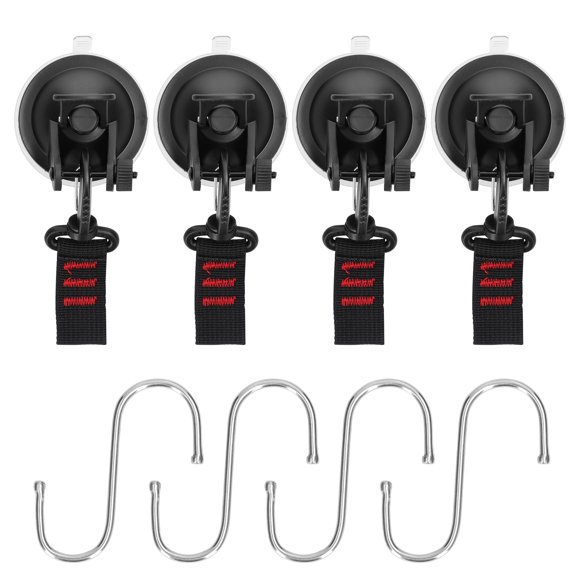 TFixol Car Camping Suction Cup Hooks with S-Hooks for Tents, Awnings, and Tarps – 4pcs Set, Black Plastic, 65mm Diameter, Easy Setup for Outdoor Adventures