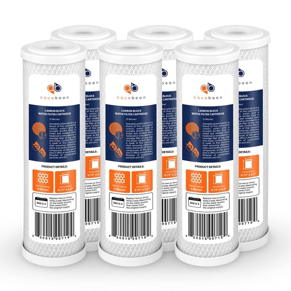 Aquaboon 5 Micron 10 x 2.5 Carbon Block Water Filter Cartridge CTO Whole House Water Filter Replacement Compatible with WHKF-WHWC, FXWTC, 6-PACK