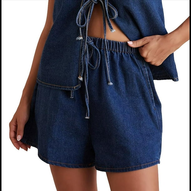 Conjunto de Dos Piezas de Mezclilla con Lazo Frontal para Mujer, Sin Mangas, Escote en V Profundo, Chaleco, Pantalones Cortos de Cintura Elástica Azul Oscuro S