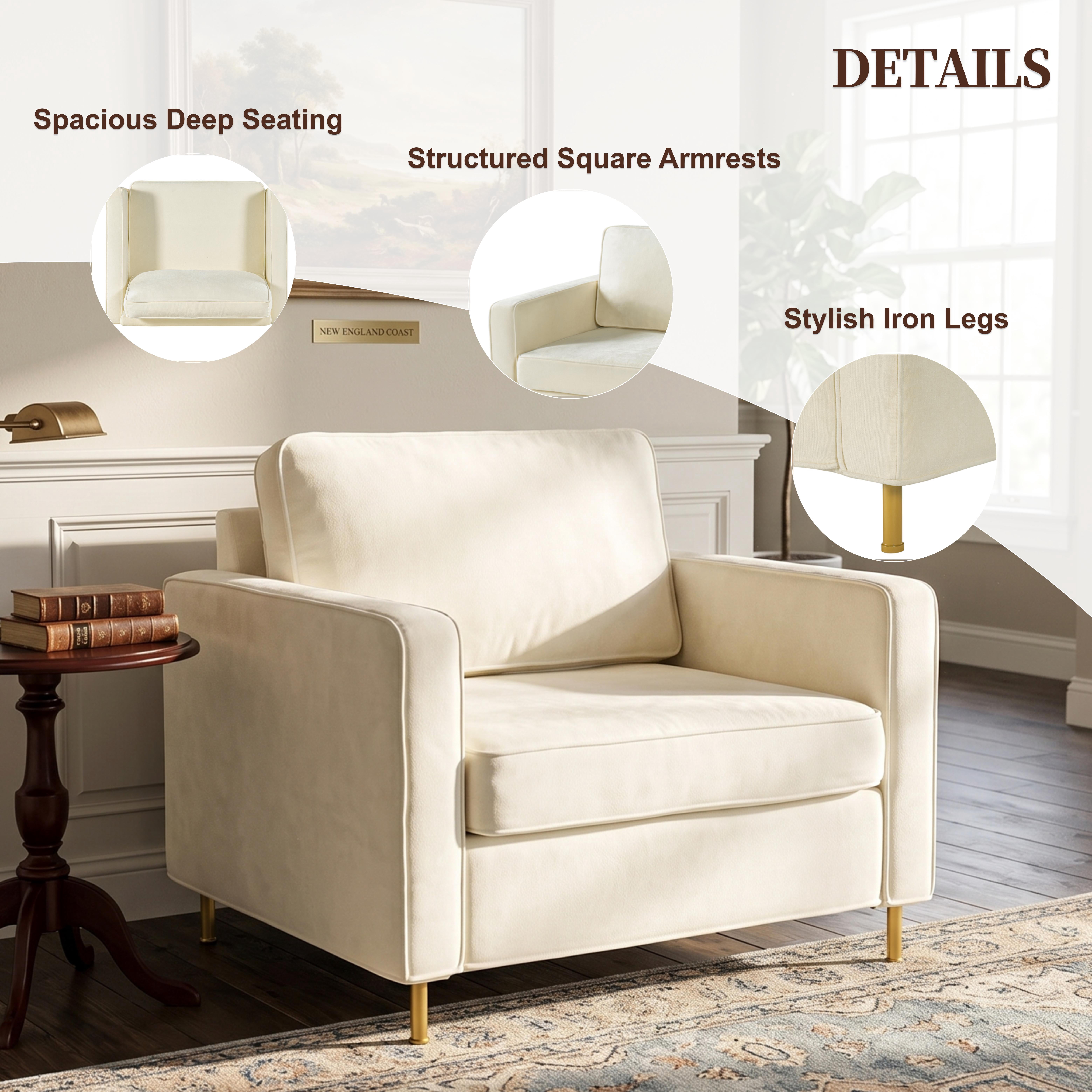 Euroco Modern Accent Chair, Oversized Chenille Upholstered Single Sofa with Deep Seat and Wood Legs, Comfy Reading Armchair for Living Room Bedroom,Beige