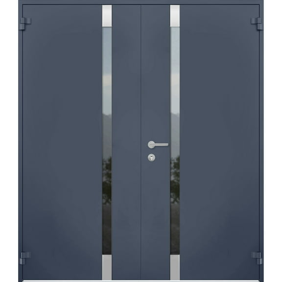 Front Exterior Prehung Steel Double Doors / Cynex 6777 Grey / Stainless Inserts Single Modern Painted-W72" x H80"-Right-hand Outswing