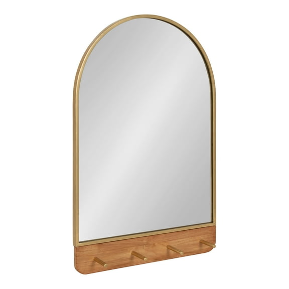Kate and Laurel Schuyler Arched Wall Mirror with Hooks, 20 x 31, Gold and Natural Wood, Decorative Modern Mirror with Hooks for Storage and Display