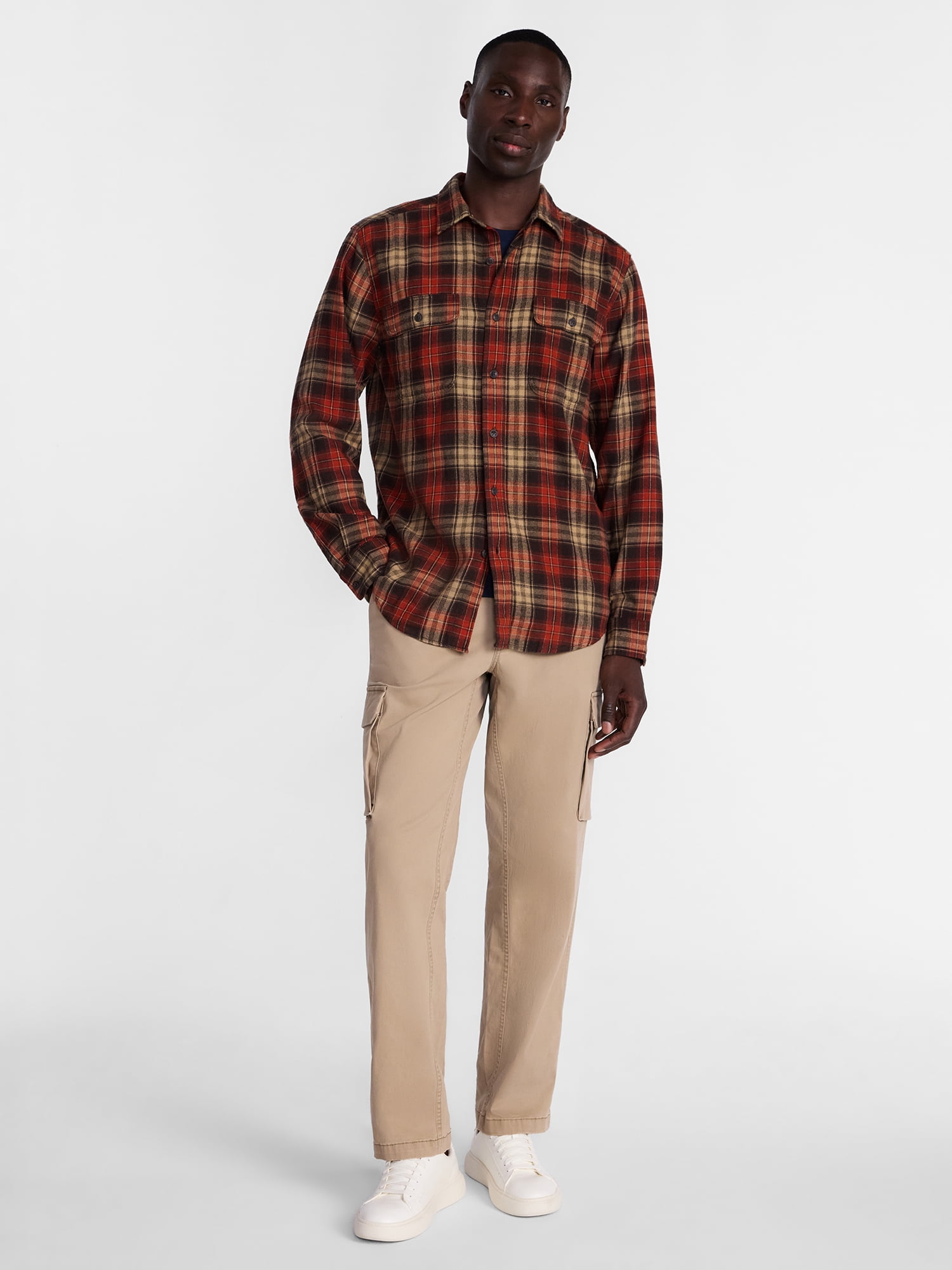 George Men's and Big Men's 100% Cotton Double Pocket Flannel Shirt, Sizes XS-3XLT
