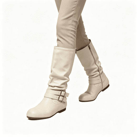 CAZOFW Knee High Boots for Women Buckle Side Zip Boots with Low Block Heel