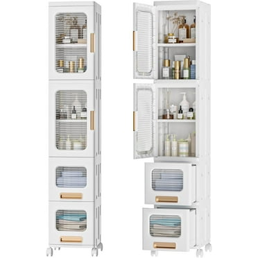 Gijjgole 4-Tier Tall Narrow Storage Cabinet with Movable Wheels, Slim Tall Bathroom Storage Cabinet with Doors and Drawers, Foldable Plastic Organizer for Small Spaces, Bathroom, Kitchen, Laundry