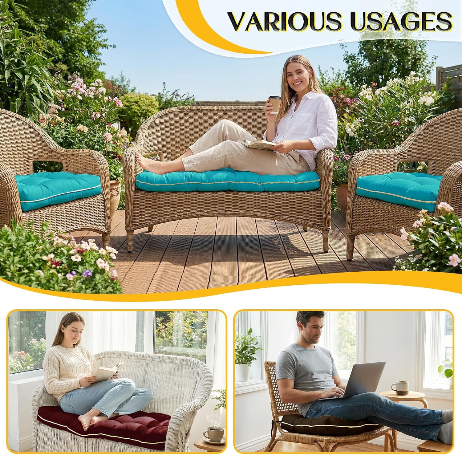 Wicker Chair Cushions 3 Pieces Set for Outdoor Furniture, Replacement Patio Wicker Furniture Cushions, 1Pc Loveseat Cushion & 2Pcs Chair Cushions (Burgundy)