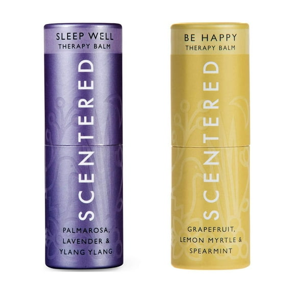 Scentered SLEEP WELL & HAPPY Aromatherapy Essential Oils Balm Gift Set - For Restful Sleep & Gratitude - All-Natural Blends of Lavender, Ylang Ylang, Lemon, Grapefruit