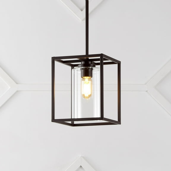 JONATHAN Y Quinn 8.13" 1-Light Industrial Farmhouse Iron/Glass LED Pendant, Oil Rubbed Bronze