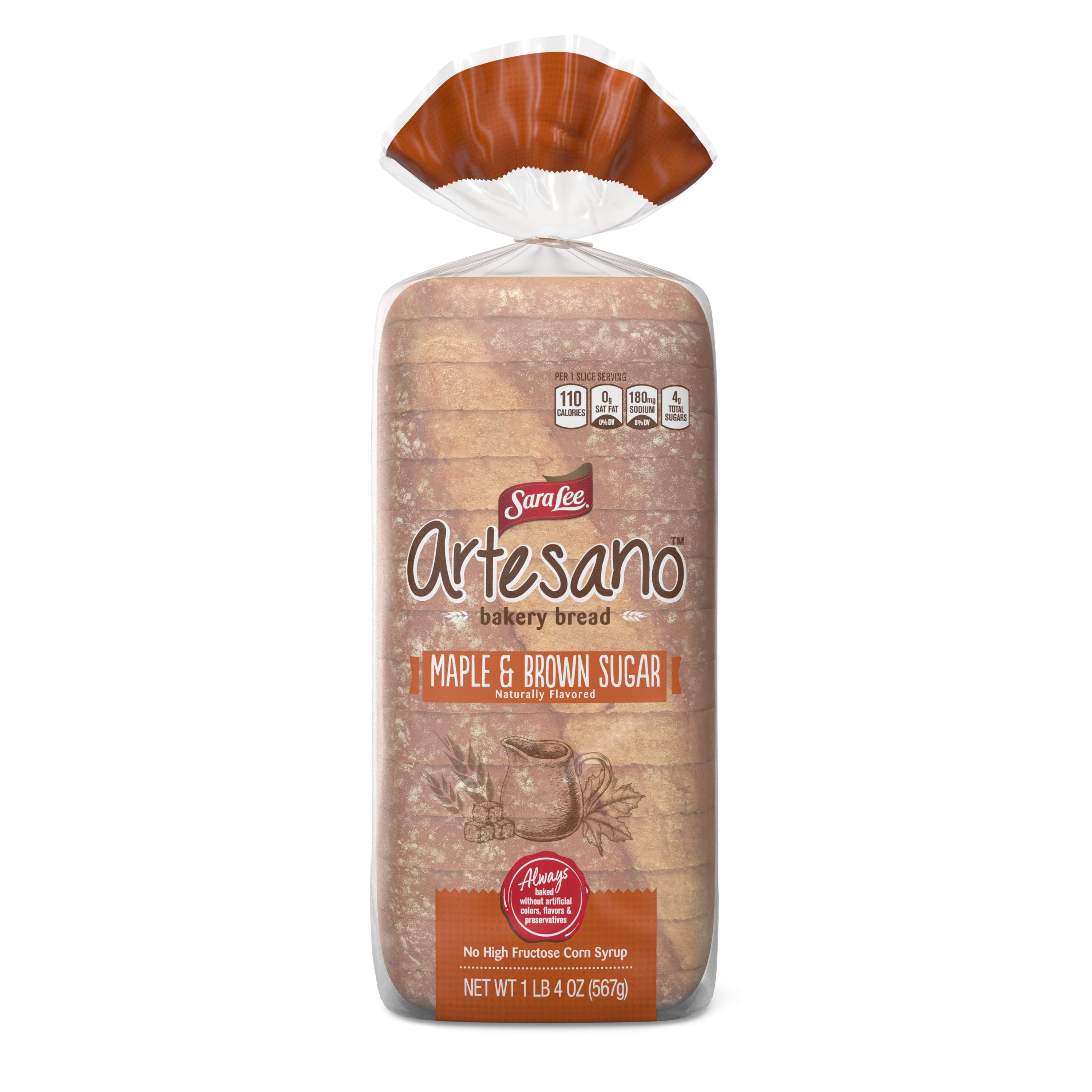 Sara Lee Artesano Maple & Brown Sugar Split Top Bread, Naturally Flavored, No Artificial Colors or Flavors, 15 Slices, 20 Ounce Loaf