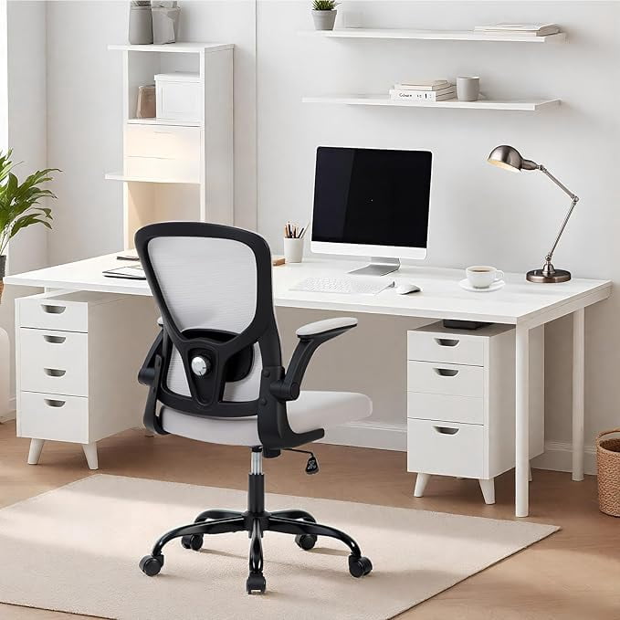 Ergonomic Mesh Office Chair - Adjustable Lumbar Support, Flip-Up Armrests | Comfy Rolling Computer Chair for Home Office & Study | Breathable, Stylish Executive Chair with Smooth Casters(Grey)