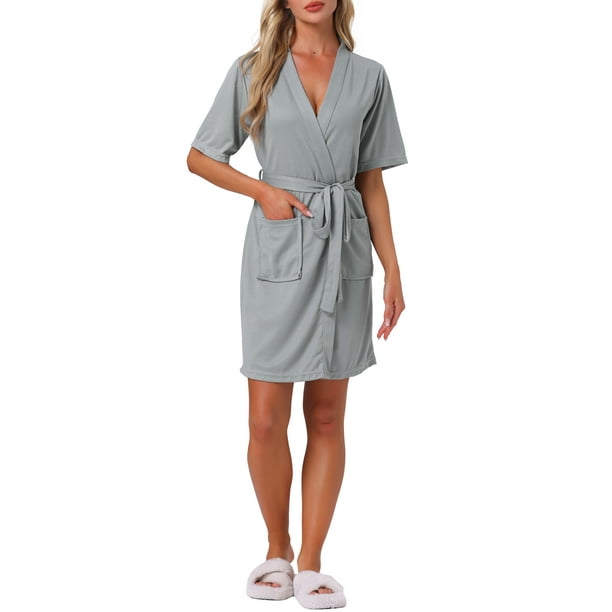 Bata de baño INSPIRE CHIC para mujer, de waffle, de mangas cortas, con cintas de envoltura, ropa de casa suave con bolsillo, color gris