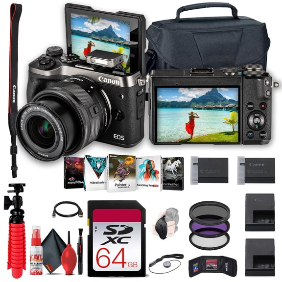 Canon EOS M6 Appareil Photo Numérique Sans Miroir avec Objectif 15-45mm (Noir) + Carte Mémoire 64 Go + Étui + Trousse de Filtres + Logiciel Photo Corel + Batterie LPE17 + Plus