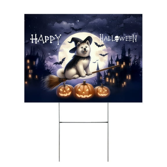 Happy Halloween Akita Witch Pumpkins Bats Yard Sign Inu Dog Lover Outdoor Home Lawn Garden Porch Decor - 13012
