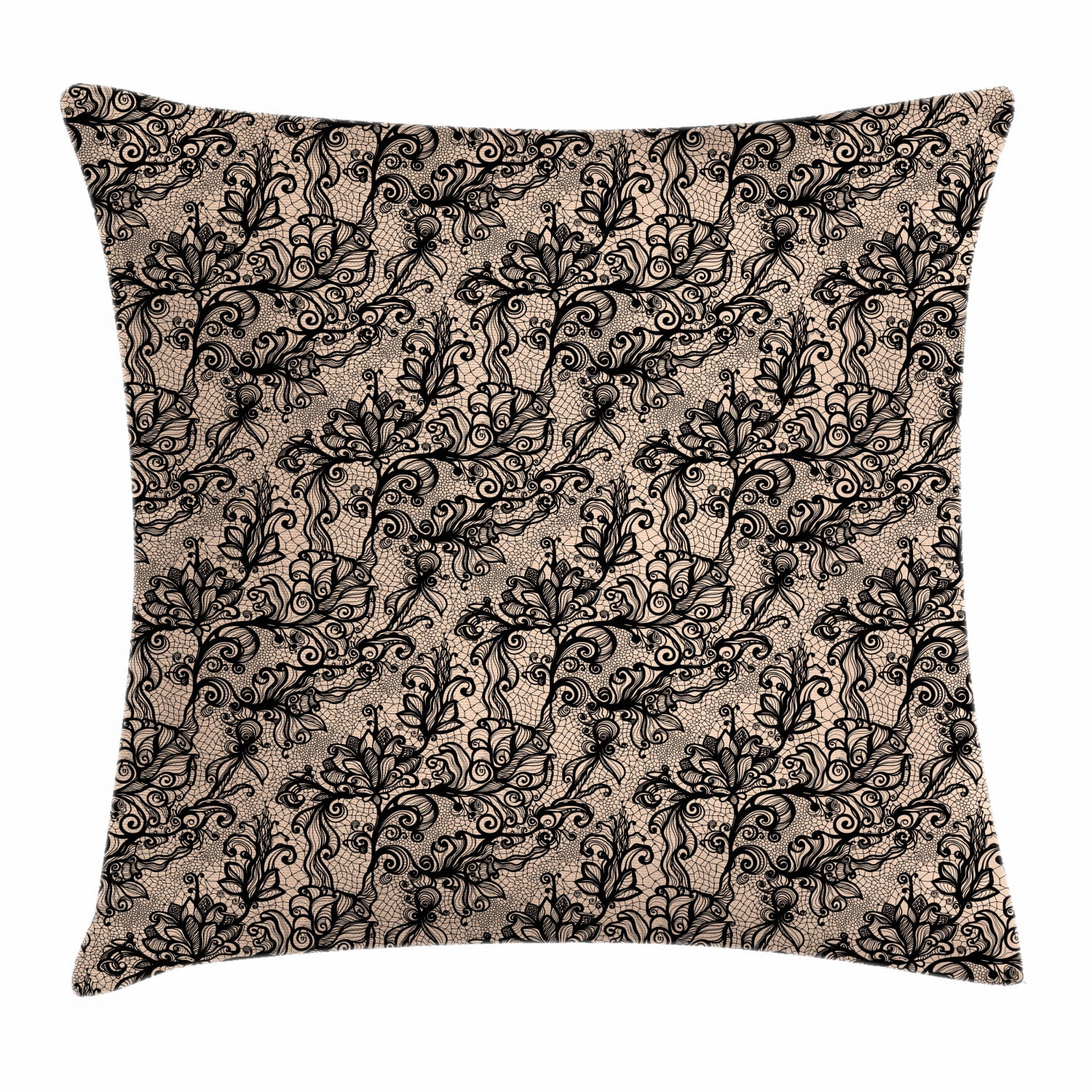 Gothic Throw Pillow Cushion Cover, Abstract Old Fashioned Blossoms Nature Inspired Feminine Pattern Baroque Influences, Decorative Square Accent Pillow Case, 24 X 24 Inches, Tan Black, by Ambesonne