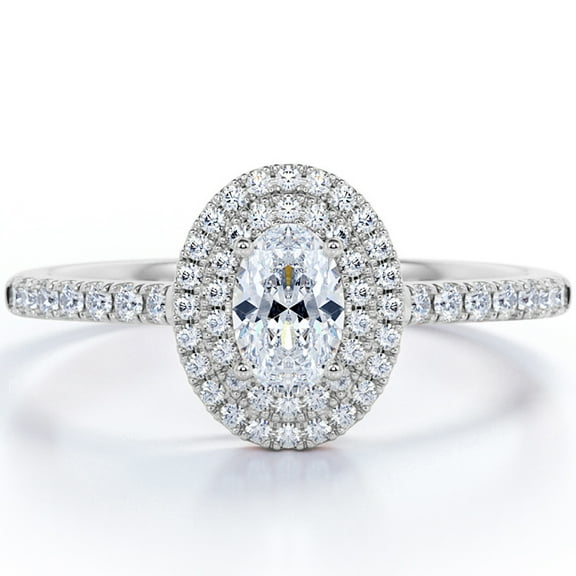 JeenMata Dual Halo - 1.75 Carat Oval Cut Moissanite - Pave - Four Prong Set Engagement Ring - 18K White Gold Plating Over Silver