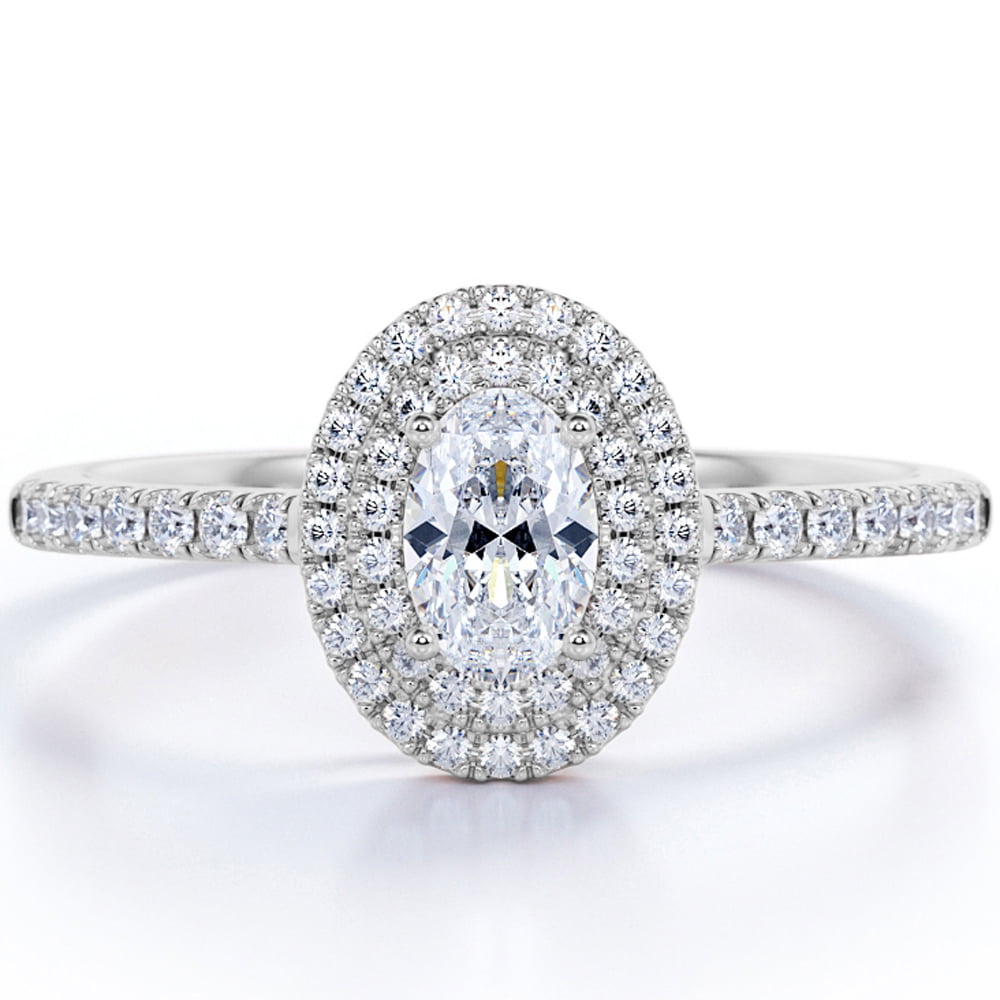 JeenMata Dual Halo - 1.75 Carat Oval Cut Moissanite - Pave - Four Prong Set Engagement Ring - 18K White Gold Plating Over Silver