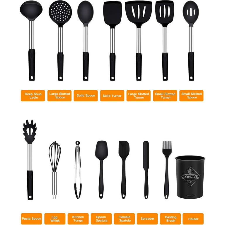 LONOVE Silicone Cooking Utensil Set,14pcs Silicone Cooking Kitchen Utensils  Set, Non-stick Heat Resistant - Best Kitchen Cookware with Stainless Steel