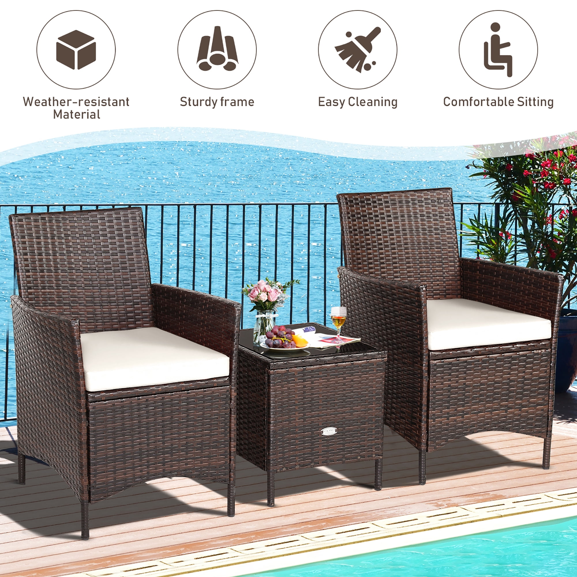 Costway 3PCS Patio Rattan Furniture Set Cushioned Sofa Glass Tabletop White