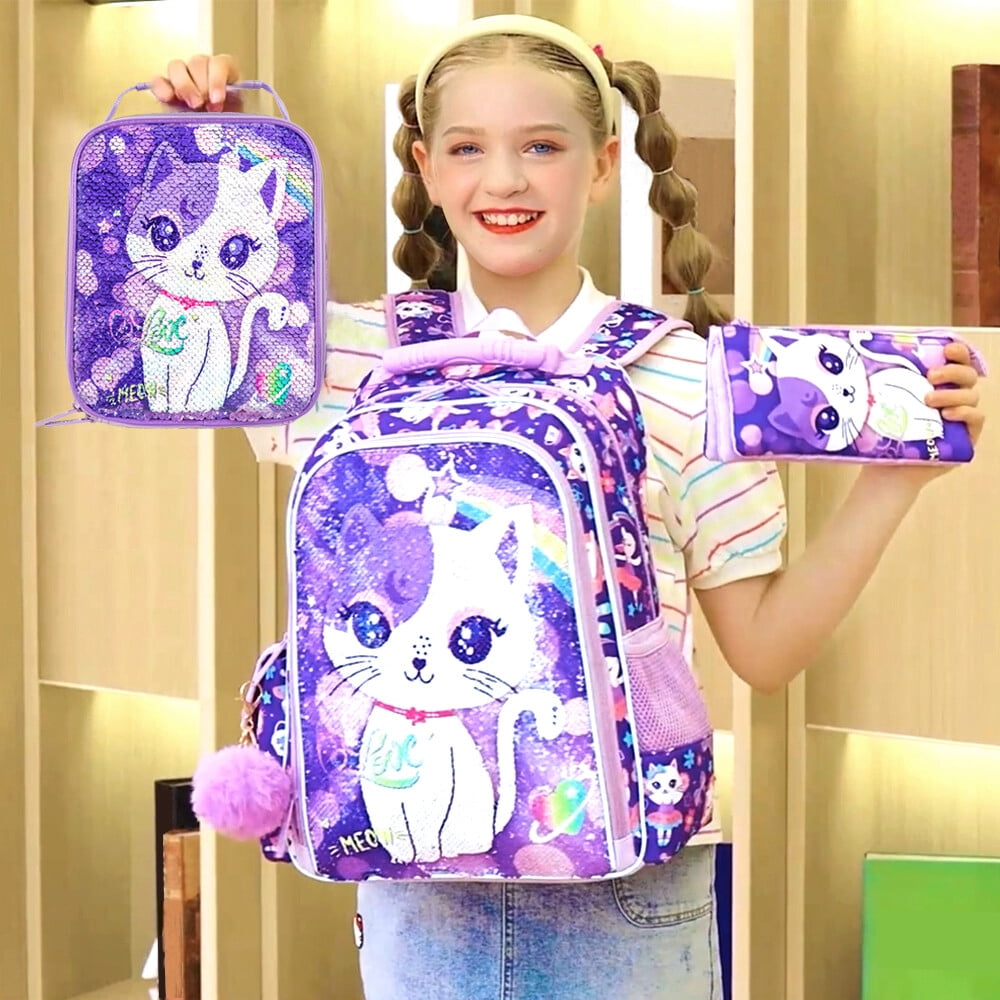 AGSDON 3PCS Cat Backpack for Girls, 16" Kids Sequin Bookbag with Lunch Box, Water Resistant School Bag for Elementary Preschool Toddler