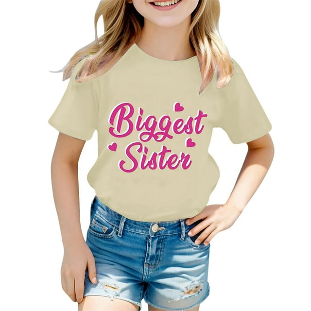 Zhuashum T-Shirts Fille Manches Courtes Col Rond Hauts Imprimés Lettres Blouse Rétro Printemps Vêtements Enfant Beige 6-7 Ans