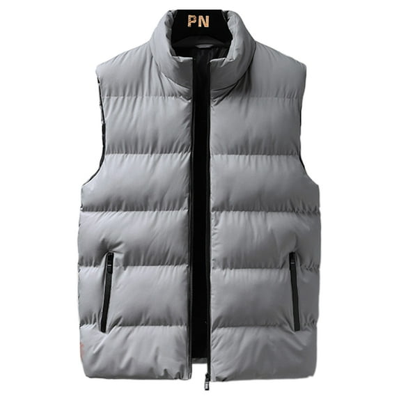 Capreze Stand Collar Outwear Solid Color Jacket Vest Men With Pockets Full Zip Waistcoat Winter Warm Coat Grey M