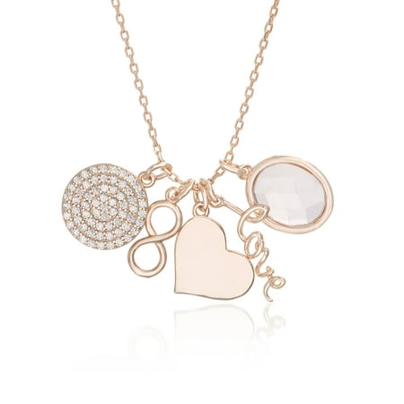 Gold Love Charm Necklace Lesa Michele Cubic Zirconia Disc, Infinity, Heart, Love & Oval Charm Necklace in Rose Gold over Sterling Silver ()