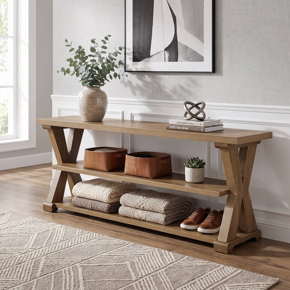 Fnova 3-Tier Console Table Bench with X-Legs, 63 Inch Sofa Table with Storage Shelves for Entryway Living Room Bedroom