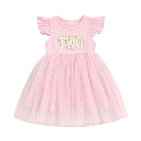 Bagilaanoe Toddler Baby Girl Birthday Dress Letters Embroidery Fly Sleeve A-line Princess Dresses 18M 24M 3T 4T Kid Patchwork Tulle Skirt