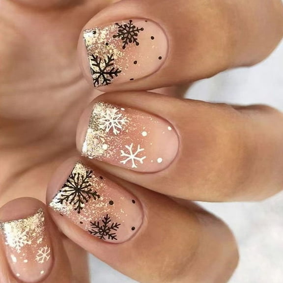 24x Snowflake Glittering Full Covers on Nails Short Square Artificial Nails Christmas False Nails