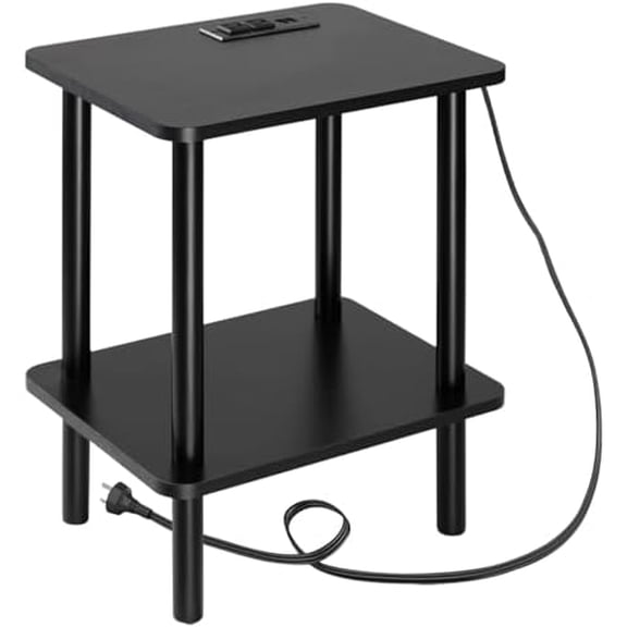 End Table with Charging Station, Black Side Table with USB Ports and Outlets, Narrow Side Table for Living Room, Bedroom and Office, Small Nightstand with Charging Station