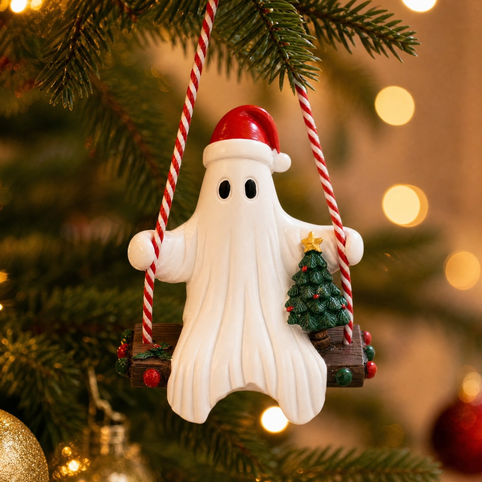 Halloween Tree Ornaments Cute Halloween Decor Santa Hat Ghost With Mini Christmas Tree Sturdy Resin Candy-Cane Rope for Tree Door Wall Hanging Spooky Home Decor