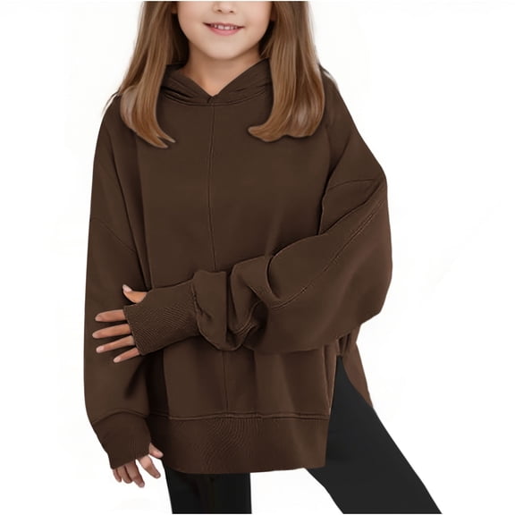 GiLiling Teen Girls Fleece Split Hoodie, Kids Plain Oversized Loose Pullover, Thumb Hole Hooded Sweatshirt, Cute Warm Clothes (Brown, 11-12 Years)