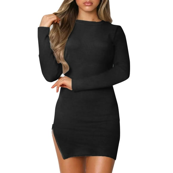 TJAZFJPA Plus Size Dresses for Women Women Autumn Winter Solid Color Round Neck Long Sleeve Zipper Bag Sexy Nightclub Dress Long Winter Dresses for Women Smocked Dresses for Women