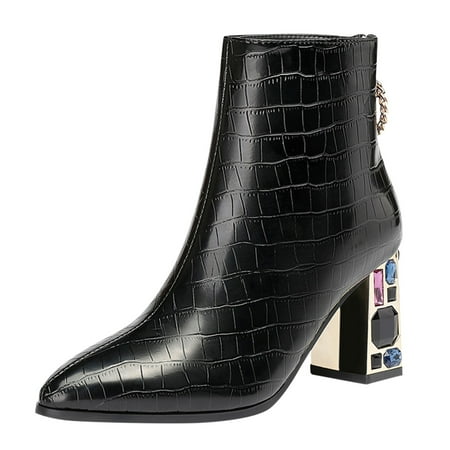 

Dyfzdhu Point Toe Heel Boots Ladies PU Leather High Heel Shoes Work Ankle Boots For Women