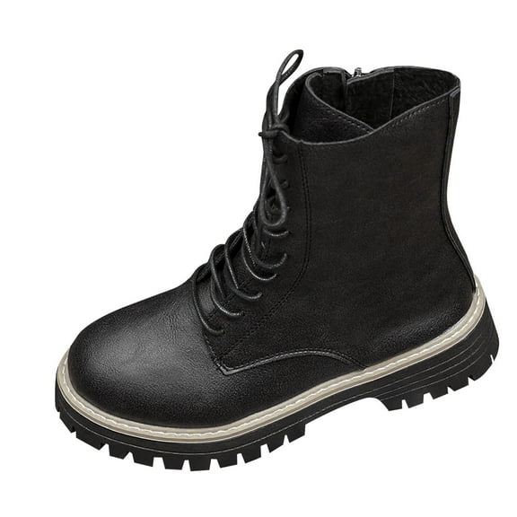 Black Ladies Ankle Boots With Dual Closure Zipper And Lace-Up Thick Heel For Casual