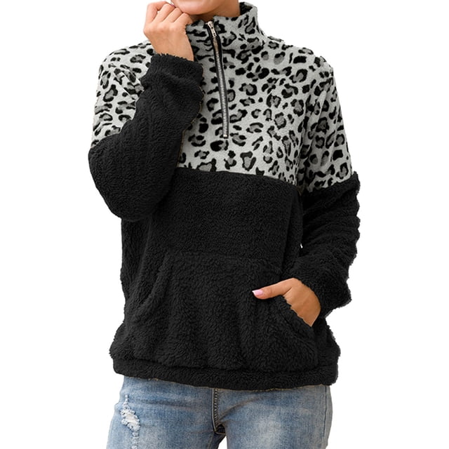 Breezora Women's Leopard Pattern Sweater Quarter Zip Collar Top Double Layer Warm Jacket Functional Pockets Comfortable Wear S Size Grey