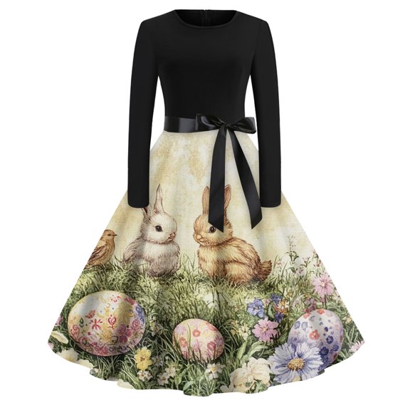 HAJWOH Easter Dresses for Women Church Long Sleeve Bunny Egg Graphic Summer Dresses Plus Size Crew Neck Boho Tank Dresses Midi Dress Comfy Formal Dresses Happy Easter Gift for Women Khaki S