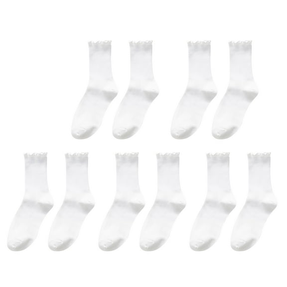 White Socks for Women 5pc Women's Socks Ruffle Cuff Casual Socks Cute and Comfortable Knitted Ruffled Socks for All Seasons