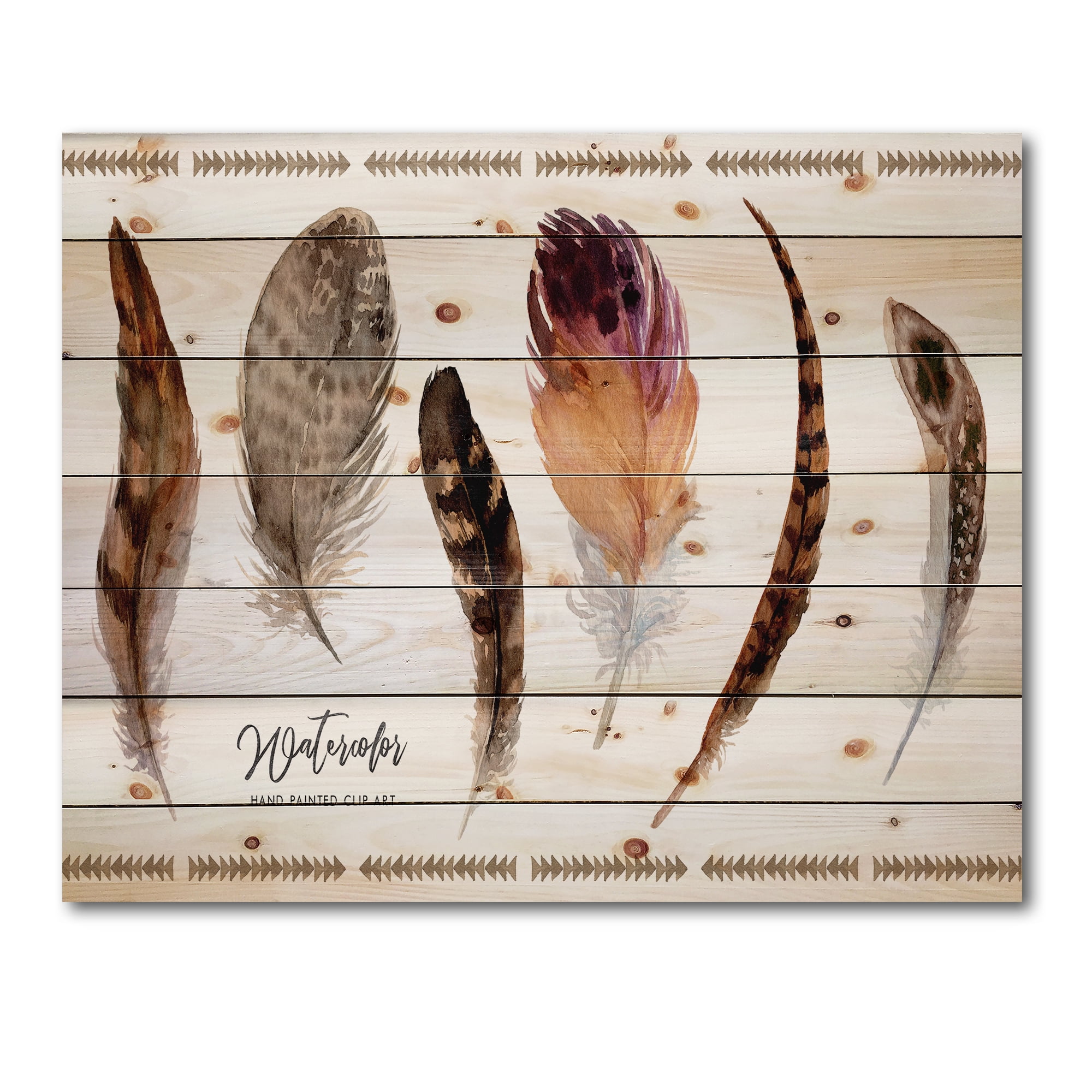 Designart 'Exotic Vibrant Boho Watercolor Feathers' Bohemian & Eclectic Print on Natural Pine Wood